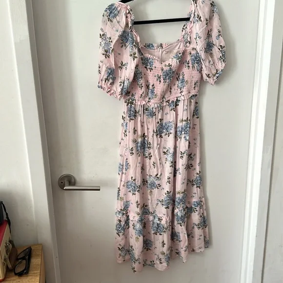 Gal Meets Glam Isabel Smocked Midi Dress Pink Blue Floral Print Size 0 - Picture 2 of 6